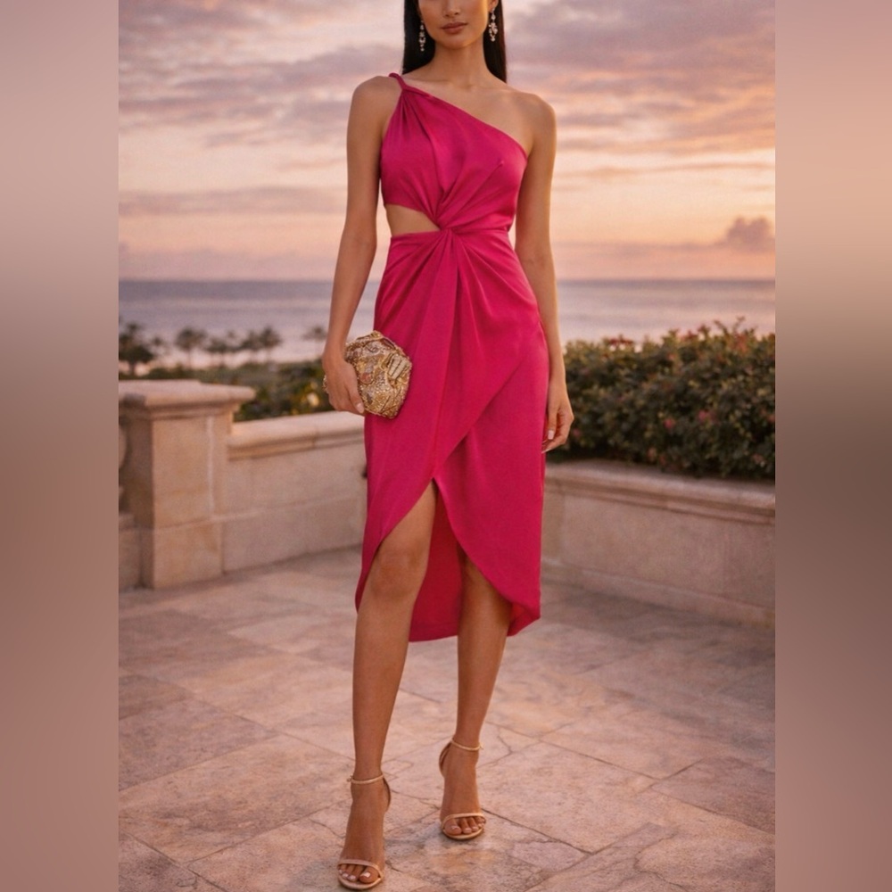 AMUR Deena Dress One Shoulder Midi Women’s 4 Cut Out Rosie Raspberry Hot Pink - Picture 2 of 13